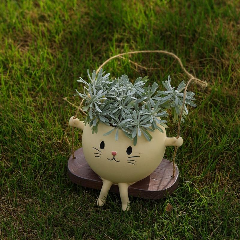 Playful Feline Shape Planter With Rocking Chair Design Lightweight Resin Flower Pot Decoration Fit for Home Balcony Desk