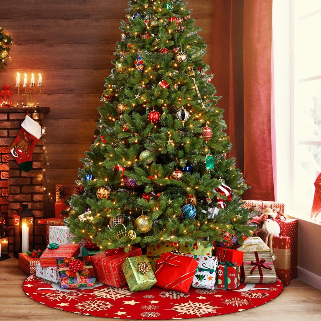 Sukně pod vánoční stromek Červené ozdoby na vánoční stromek, Měkká plyšová podložka pod vánoční stromek se zasněženým vzorem pro dekorace, Sváteční párty 35 palců