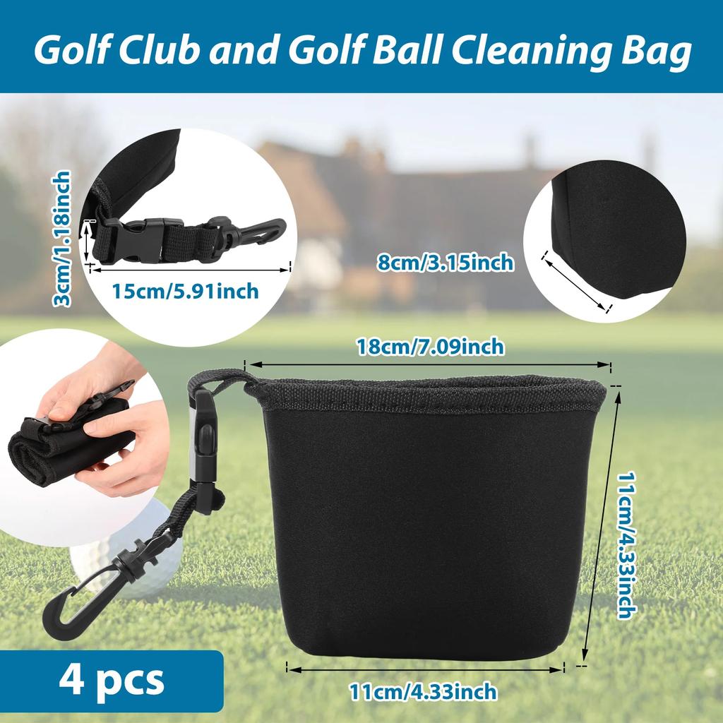 4 Pcs Golf Club and Golf Ball Cleaning Bag with Detachable Clip Waterproof Liner Golf Scrub Bag Golf Accessory Cleaning Bag
