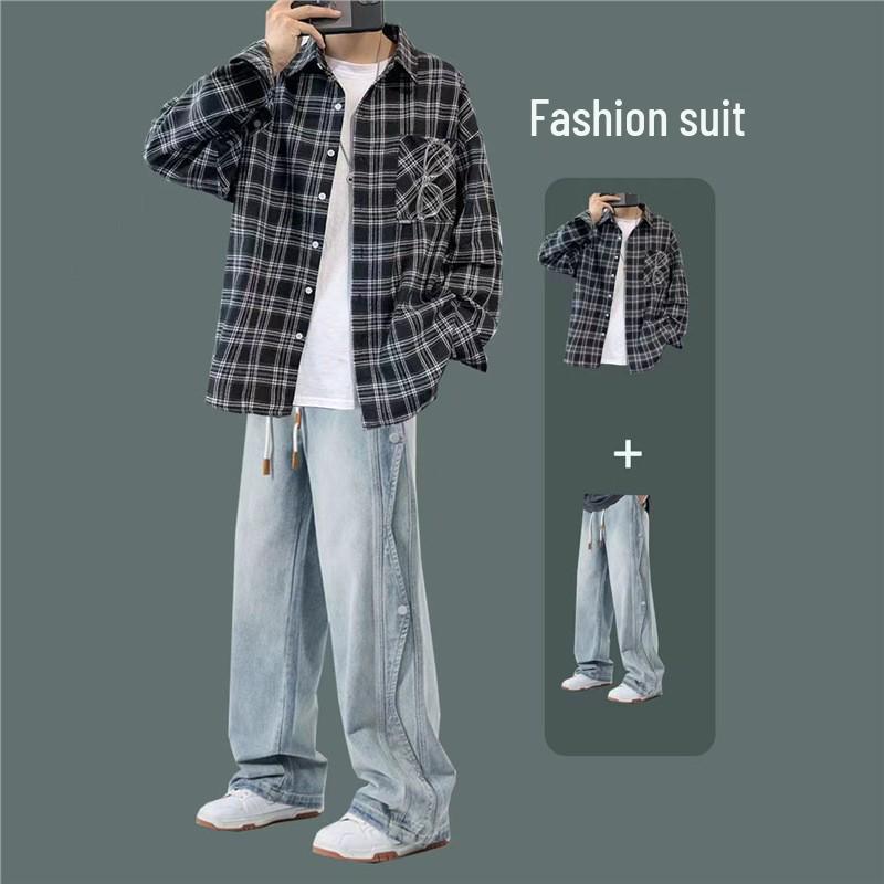 Men's Hong Kong Style Plaid Shirt Autumn Set - High-End Teen Cool & Handsome Outfit