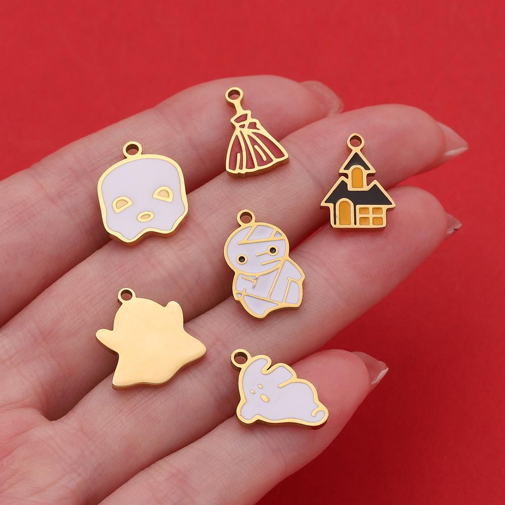 1pcs Stainless Steel Cartoon Halloween Enamel Charms Pumpkin Skeleton Ghost Bat Cat Pendants for DIY Jewelry Making Accessories