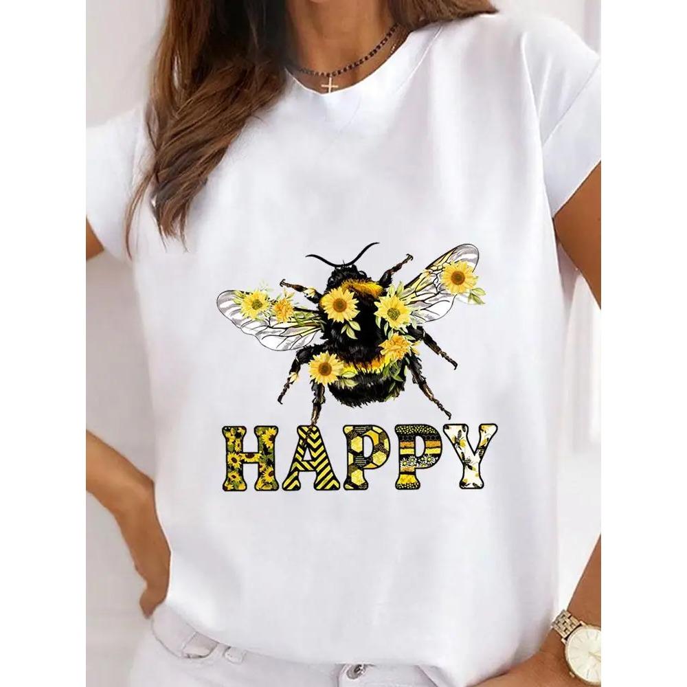 Summer Round Neck Love Flower Butterfly and Bee Pattern 3D Print Top Fashionable Casual Short Sleeved Women's T-shirts