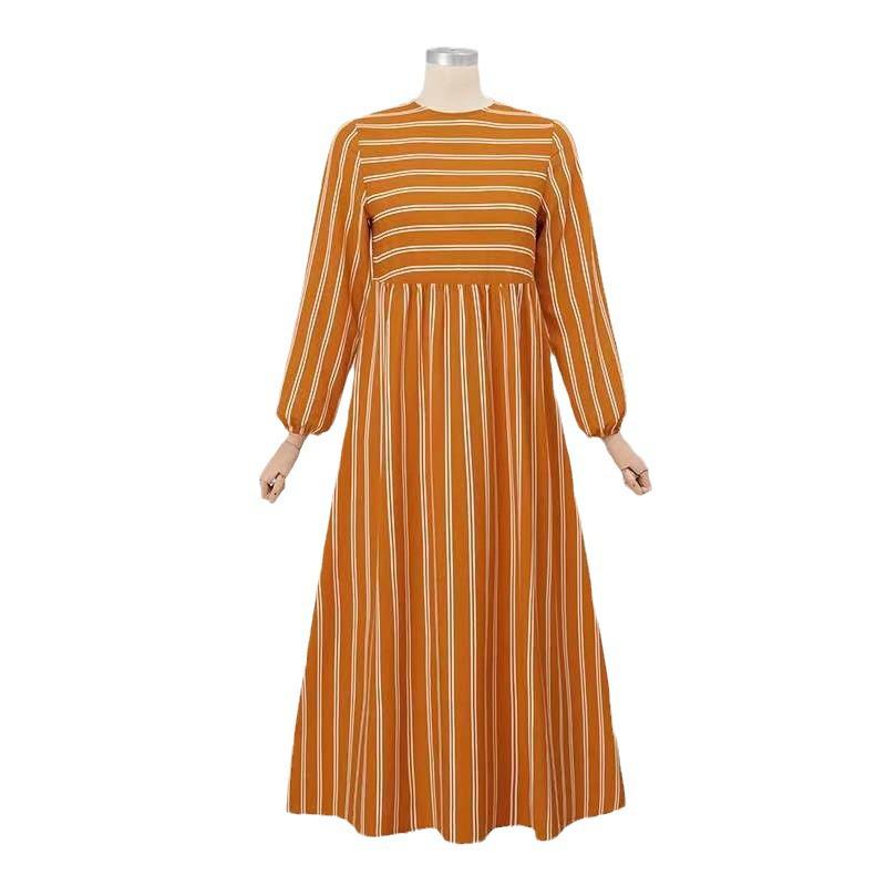 2024 Striped Loose-Fit Muslim Maxi Skirt with Long Sleeves and Round Neck - Extra Large