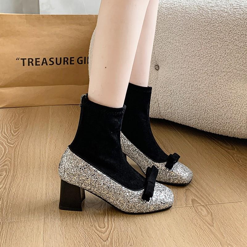 Fashion Square Toe Bling Women Snow Ankle Boots Bow Mid Heels Fad Sock Boots Suede Chunky Shoes 2024 Trend Winter Designer Botas Mujer