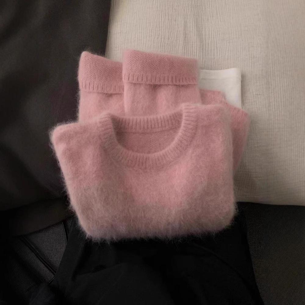 Sanfter Wind rosa Nerzfleece Pullover Damen Herbst und Winter sanftes faules Gefühl pelzig warm gestrickter Pullover Top