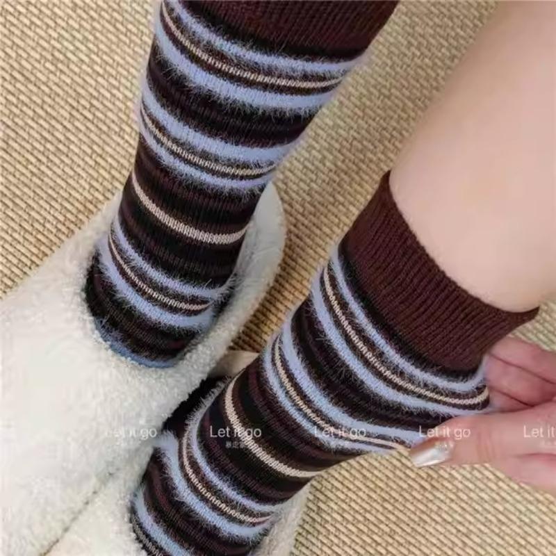 New Autumn Winter Warm Thick Stripes Socks for Women's Color Contrast Imitation Mink Plush Sweet Fluffy Socks Dropshipping