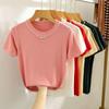 Fashion Short Sleeve Loose Knitted T Shirt Women Summer New Beading Round Neck Casual Women's T-shirt Tops Elegant Slim Fit Simple Woman Tee 26235