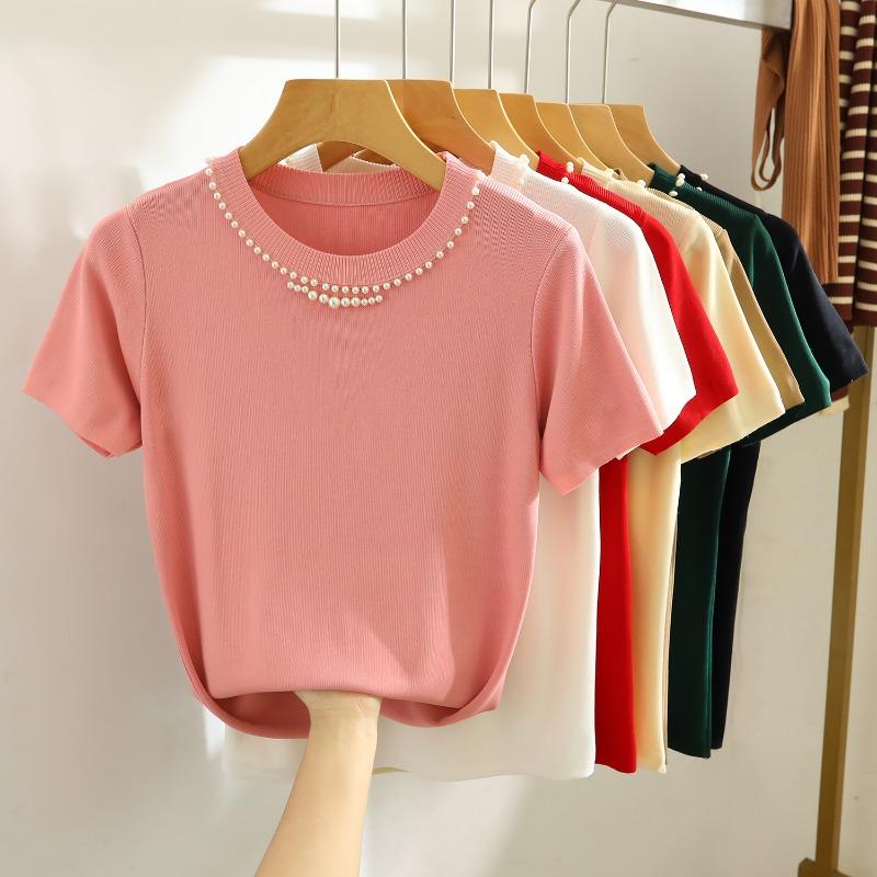 Fashion Short Sleeve Loose Knitted T Shirt Women Summer New Beading Round Neck Casual Women's T-shirt Tops Elegant Slim Fit Simple Woman Tee 26235