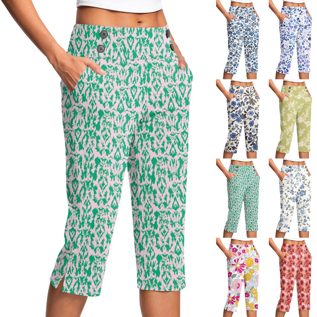 Women's Vintage Floral Print Button Pocket Trousers Slit High Waist Sports Yoga Casual Pants