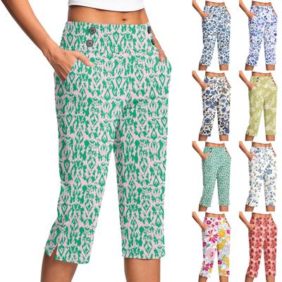 Pantaloni de damă vintage cu imprimeu floral, buzunar cu nasture, crăpătură, talie înaltă, pantaloni sport, yoga, casual