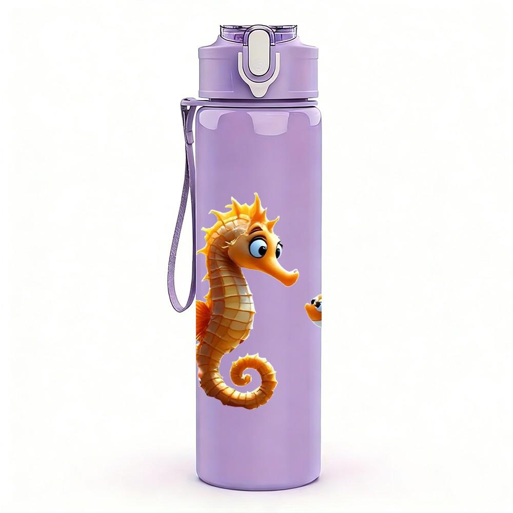 1PC Seahorse Marine Ocean Animal Print 750ml Color Plastic Sports Water Bottle Leakproof Flip Straw Lid Suitable for Sports Office Home Use