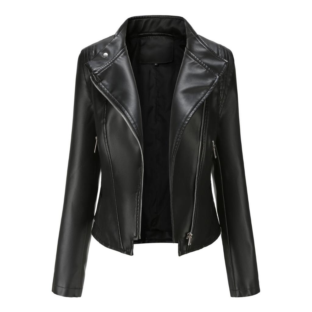 Nouvelle Veste en Cuir Courte Ajustée pour Femme avec Col en Cuir PU, Vêtement d'Extérieur Fin à Manches Longues Printemps Automne