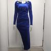 New Women's Elegant Sexy Square Neck Ruched High Waist Bodycon Split Dress Temperament Sexy Square Collar Retractable Small Dress