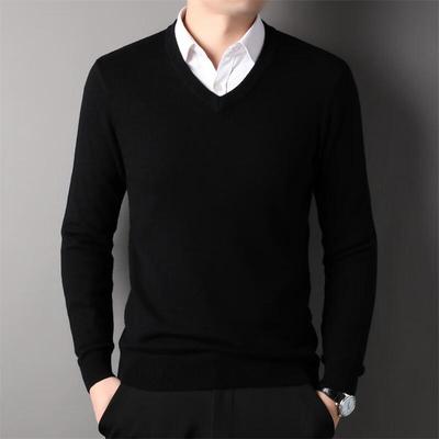 Fengxun Men's 100% Wool V-Neck Pullover Sweater