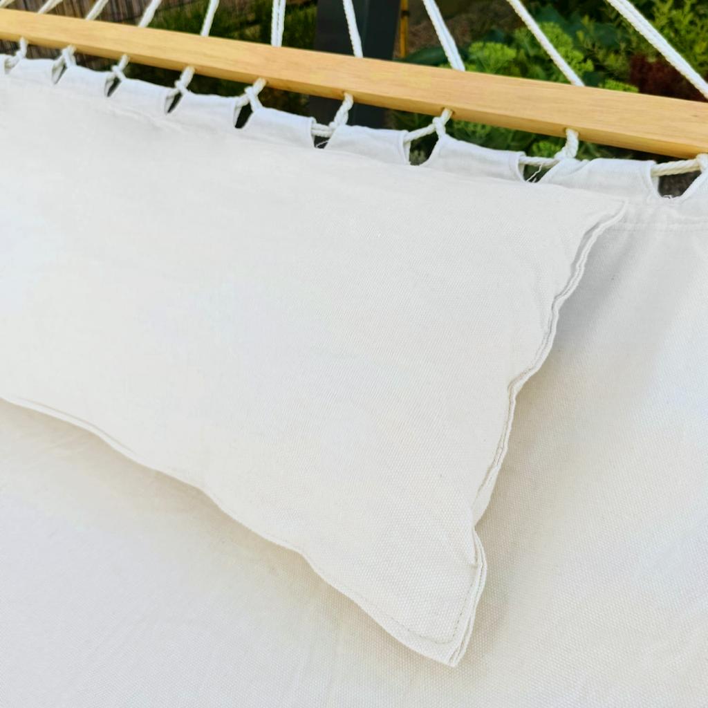 Zwei-Personen Boho Gartenhängematte, groß, stark, Schaukel, beige Spreizstange, 310x150