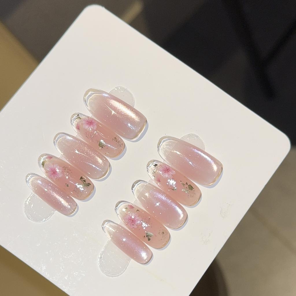 Ins Spring Cat's Eye Medium and Long Pure Handmade Wearing Nail Temperament Whitening Boutique Nail Art False Nail Patch