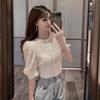 Summer Blouse Women Korean Hollow Out Lace White Women Shirt Short Sleeve Button Loose Shirts Solid Female Tops