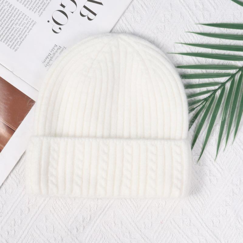 Angola rabbit fur warm solid color light board autumn and winter versatile candy color vertical stripe knitted hat women