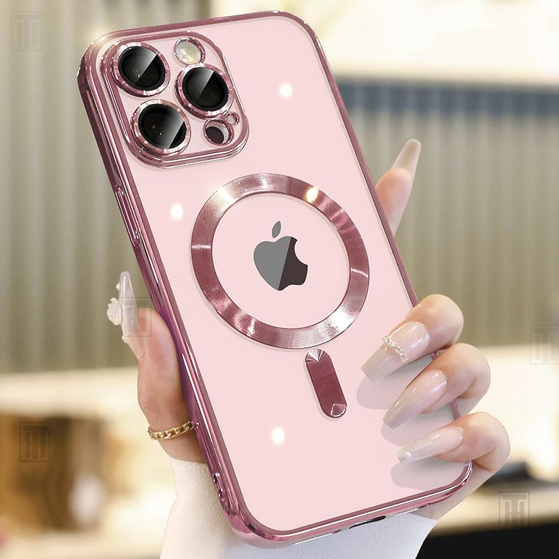 Plating Soft Lens Film Protect Transparent Case For iPhone 16E 16 15 14 13 12 11 Pro Max Plus Magsafe Magnetic Charging Cover