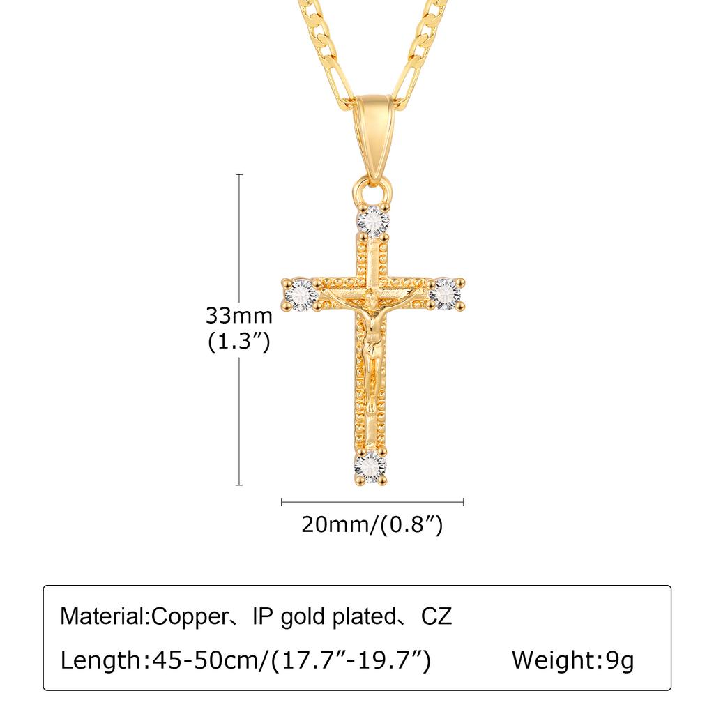 CZ Cross of Jesus Christ Crucifix Pendant Necklace, Figaro Chain Adjustable, Women Catholic Jewelry