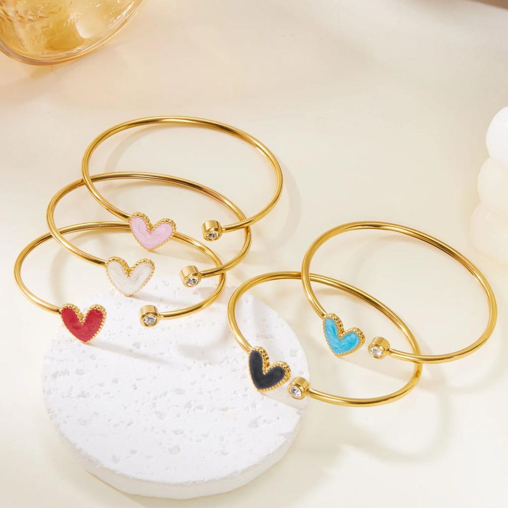 New Trendy Gold Plated Simple Heart Cuff Bangles for Women High Quality Stainless Steel Crystal Bracelets Waterproof Jewelry