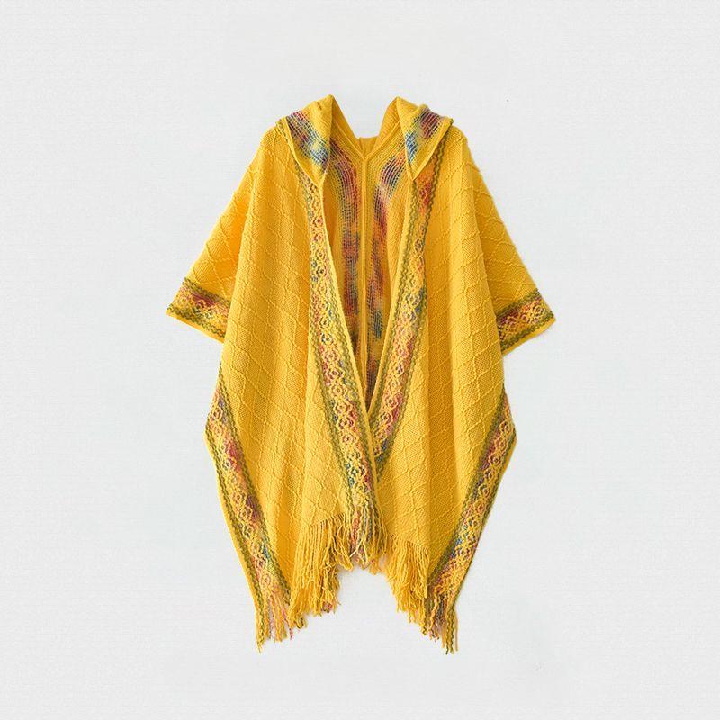 Ethnic Style Cape Hooded Wine Red Shawl Women Wearing Tassel Knitting Yunnan Xinjiang Xizang Tourist Cloak Cloak