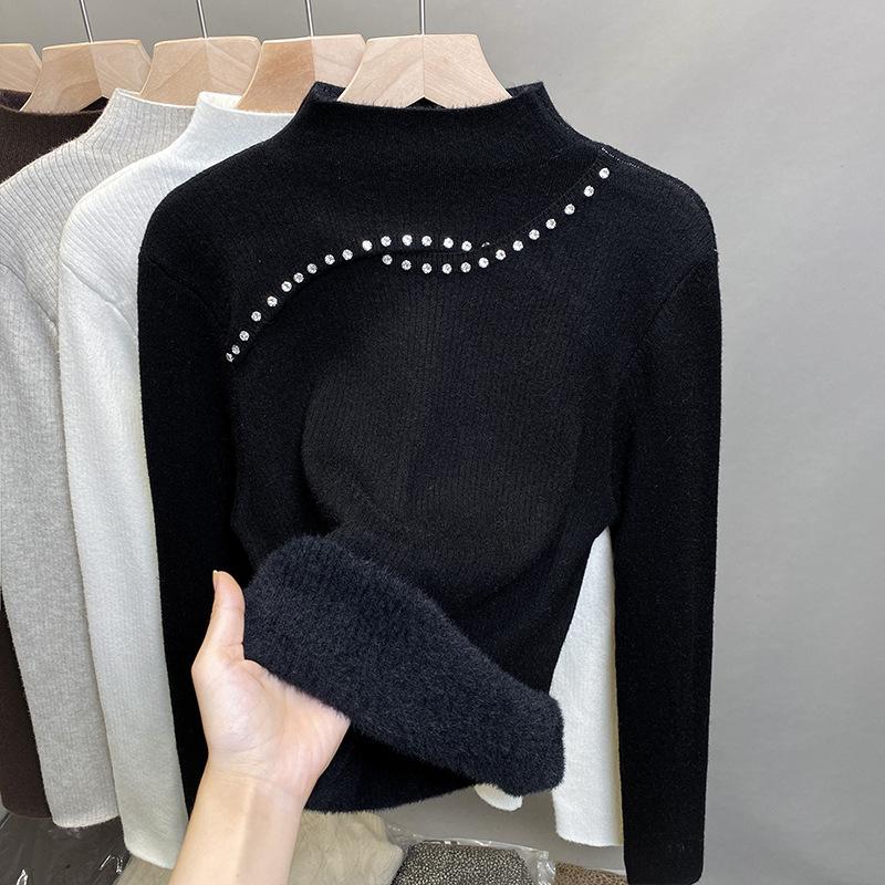 

Свитер с полувысоким воротом и добавлением бархата, женский цельный бархатный толстый пуловер, осенний стиль, вязаный свитер с бусинами для ногтей, главный тренд XL чёрный