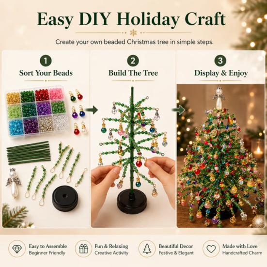 Plastic Beads for Crafts DIY Beaded Christmas Tree Kit, Handmade with LED Lights, Party Crafting Props Holiday Craft Project, Bead Kit Adults,