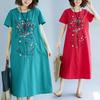 Summer Ethnic Embroidered Cotton Linen Dress Women's Vintage Loose Casual Short Sleeve Midi Dresses