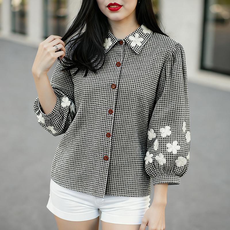 ZANZEA Women Casual Turn Down Collar Loose 3/4 Sleeve Grid Print Blouse