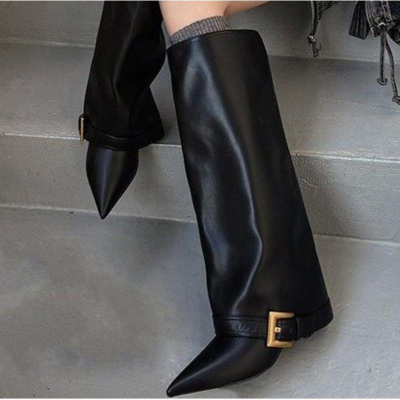 

Женские осенне-зимние ботинки до колена на высоком тонком каблуке с острым носком и пряжкой на ремне, модные, для вечеринок, размеры 35-42, ботинки средней высоты 42 чёрный