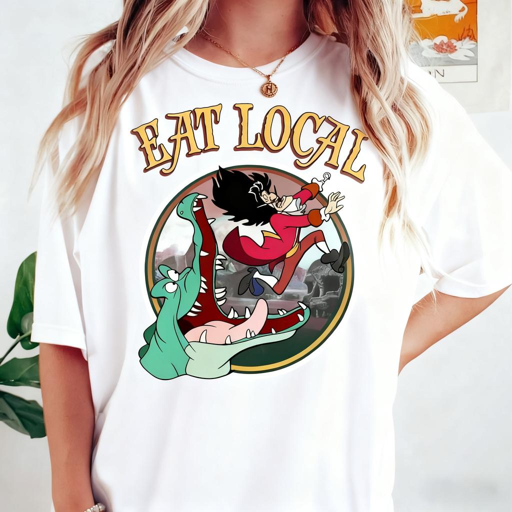 Vintage Trendy Casual Clock Crocodile Captain Hook Eat Local Food Shirt Peter Pan TShirt All Season Cotton Streetwear