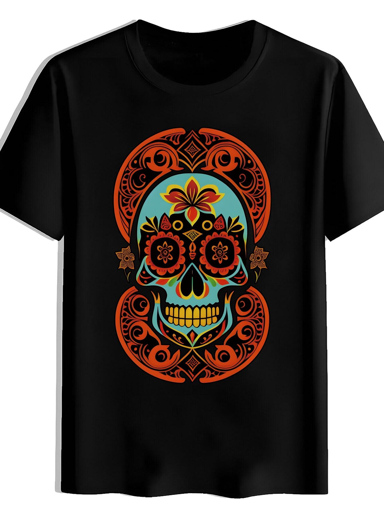 Mexican Day of the Dead T-shirt - Vibrant Floral Print Sugar Skull Graphic Tee in Black XXXL