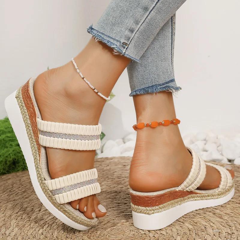 Fashion Fashion Women's Wedge Sandals Thick Sole Crystal Decor Platform Slippers Woman Summer Lightweight Non Slip Beach Sandalias Mujer