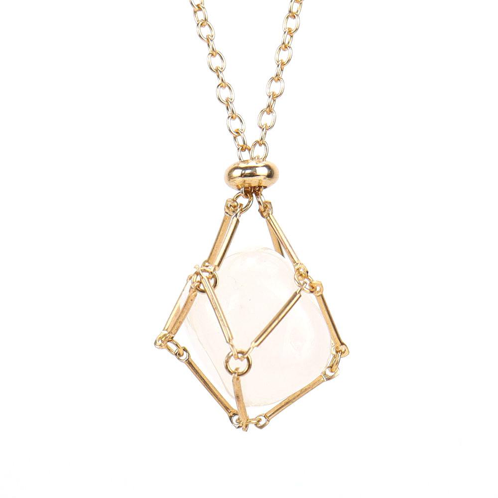 Crystal Rough Stone Handmade Adjustable Stainless Steel Metal Bamboo Mesh Pocket Necklace Woven Pendant N683