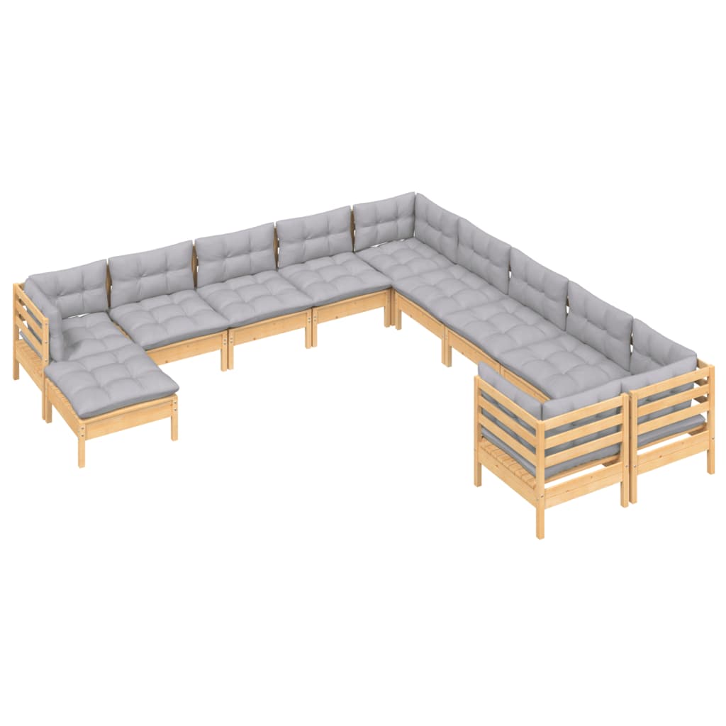 Vidaxl 11-Cz. Garden Lounge Set, Grey Cushions, Pine