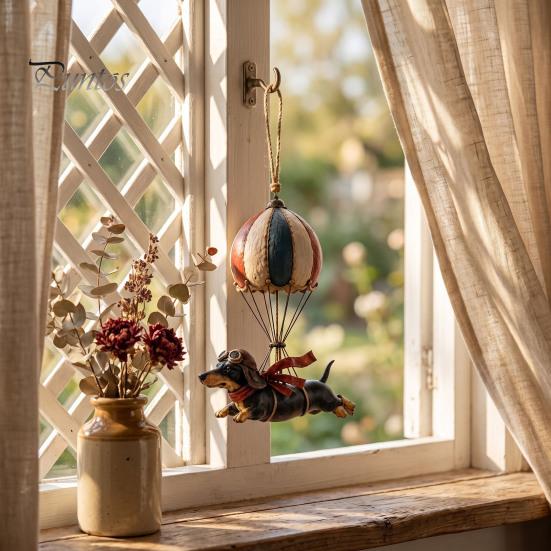 Unique Holiday Gift for Dog Owners Flying Dachshund Hot Air Balloon Hanging Ornament, Vintage Resin Wall Hanger, Retro Decoration Whimsical