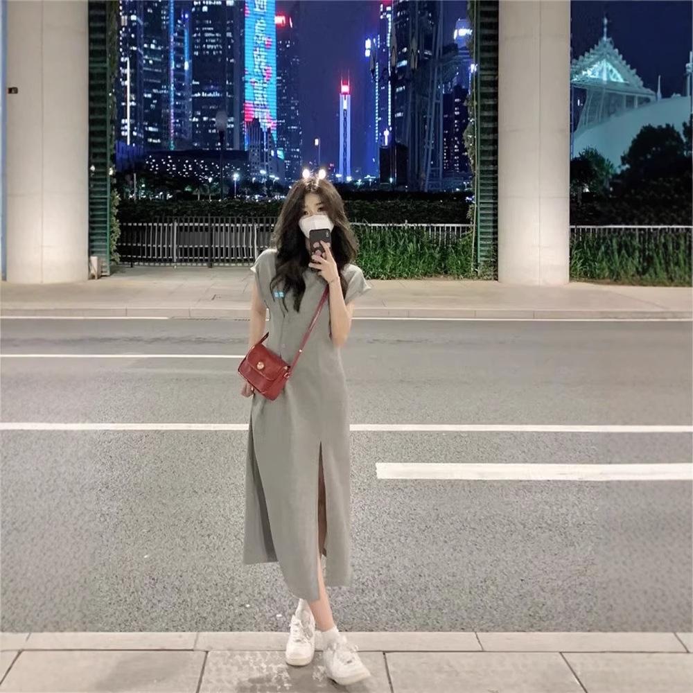Women's Gray Slit T-Shirt Dress: Summer Slimming Waist-Cinching Short Sleeve Casual Maxi Dress
