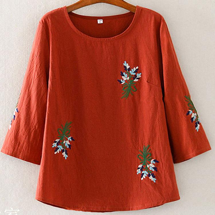 Women's Round Neck Three Quarter Sleeve Top Loose Fit Elegant Ethnic Embroidered T Shirt Plus Size Casual Blouse