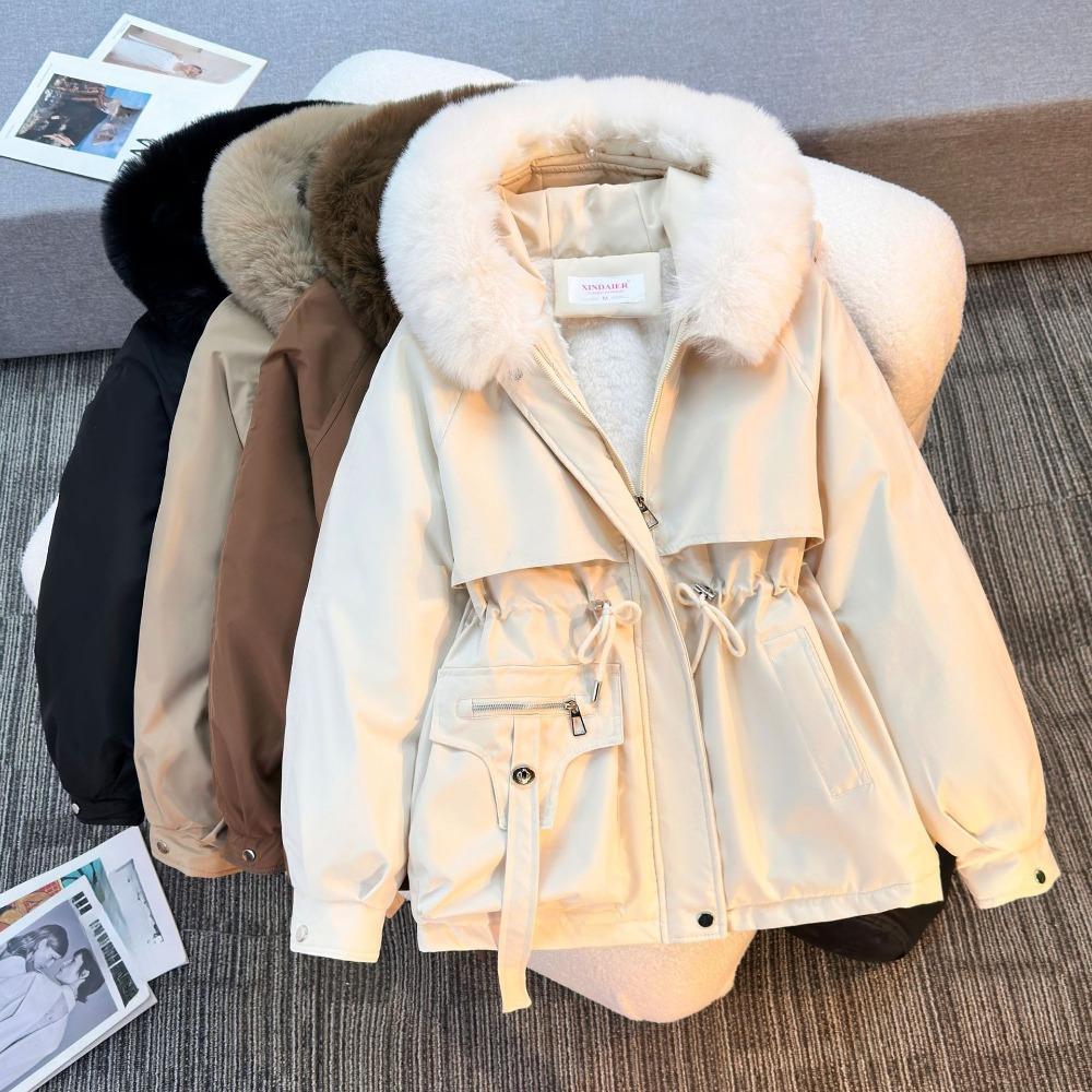 Women's Winter Parka Coat Large Fur Collar Fashion Versatile Fleece Lined All-In-One Warm Jacket Thick Outerwear