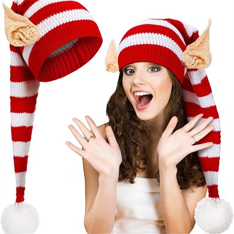 Căciulă Tricotată Crăciun 2026 Iarnă cu Dungi Pompon Urechi de Elf Căciulă Caldă Căciulă de Crăciun pentru Copii și Adulți