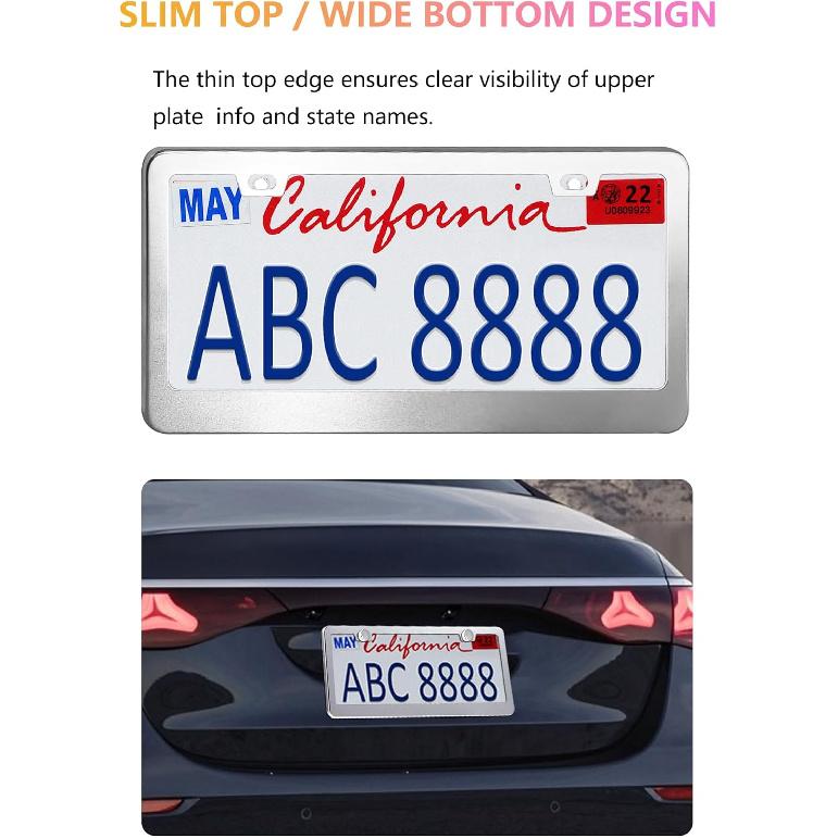 License Plate Frames - 2 Packs Stainless Steel Universal Car Tag Frame for Front and Rear Number Holder with Screws & Chrome Caps