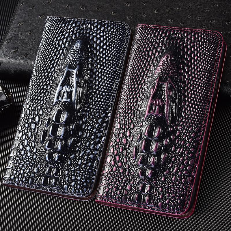 Genuine Leather Crocodile 3D Head Flip Case for iPhone 17 16 16E 15 14 13 12 11 8 X XS XR Pro Max Plus Card Slots Wallet Cover