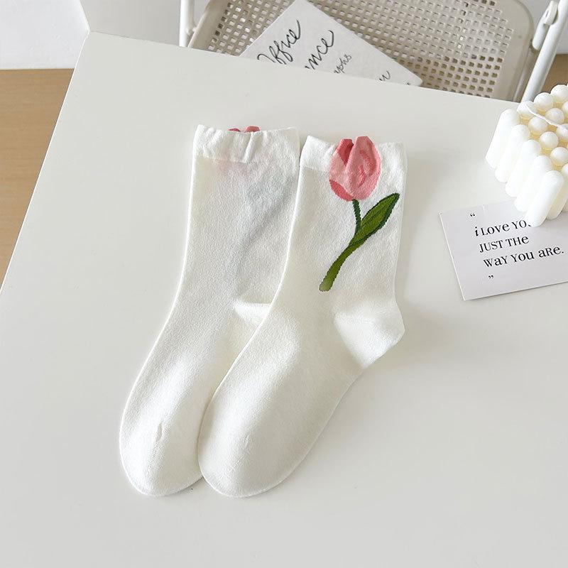 Women's Spring and Summer Mid-calf Socks, Three-dimensional Flower Pile Socks, Versatile and Sweet Tulip Flower Student Socks