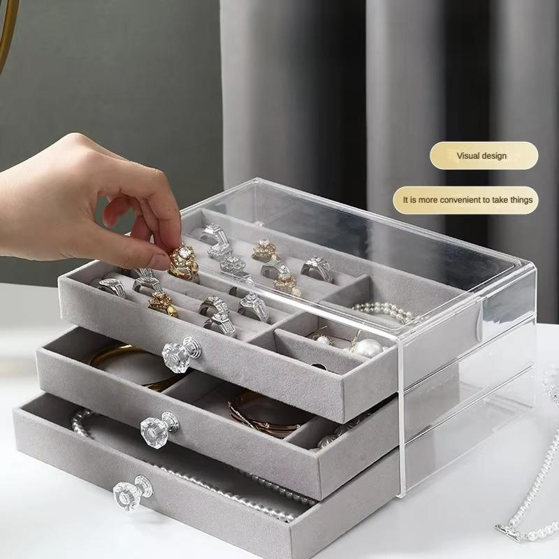 Cutie de bijuterii din acril transparent Organizator de afișare Cutie de bijuterii Depozitare în trei straturi Vitrine multifuncționale rezistente la praf Ambalare