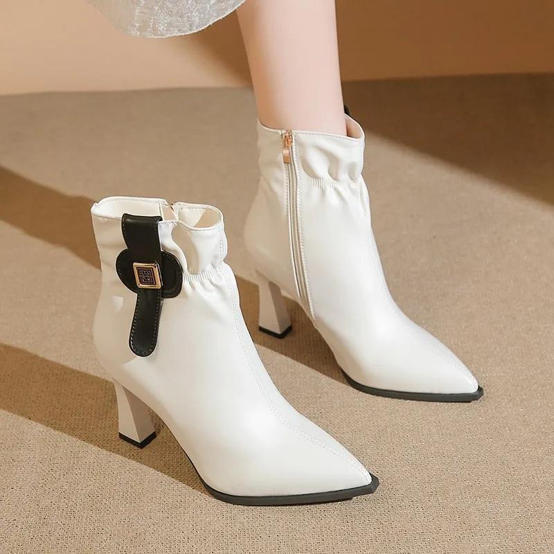 Fashion Women's Slim Heel Cotton Boots Winter New Pointed Side Zipper Metal Buckle Anti-slip Wear-resistant Short Boots