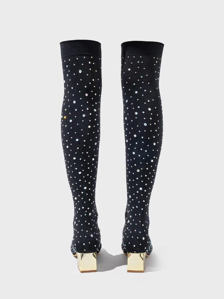 Bottes Sexy Noires Élastiques Automne Hiver pour Femmes, Talon Épais Strassé, Mode Club Nuit Pointues Surdimensionnées