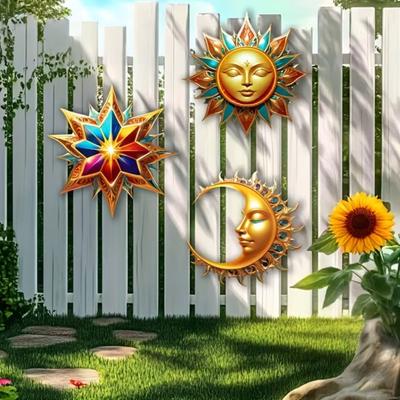 3 Stück Sonne Mond Stern Wanddekorationen Wasserdicht Bohemian Sonne Mond Stern Holz Wandkunst Set Outdoor Indoor Hängende Dekoration Retro Stil Garten Terrasse Zaun