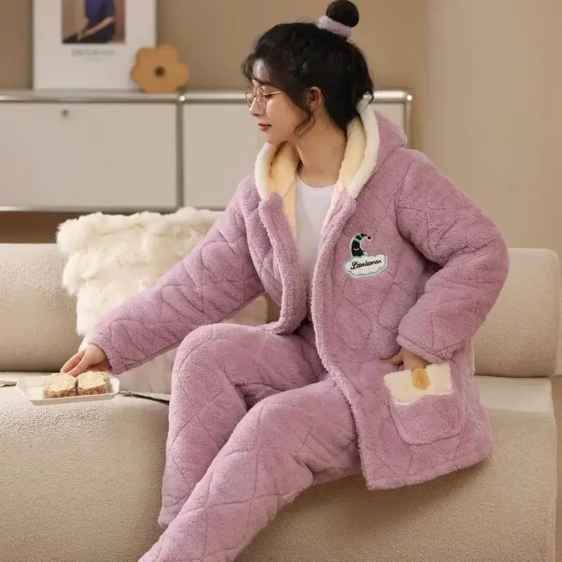 Sleepwear Women Winter Home Sleep Clothes Three Layer Thick Cotton Nightgown Flannel Coral Fleece Warm Coat Large Homewear Set