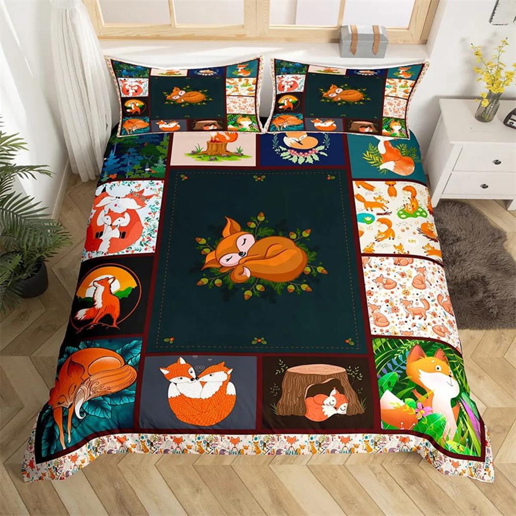 Tecknad Räv Påslakan Kawaii Djur Höstlöv Lönnlöv Tema Skogsdjur för Barn Kvinnor Flickor Sovrumsinredning